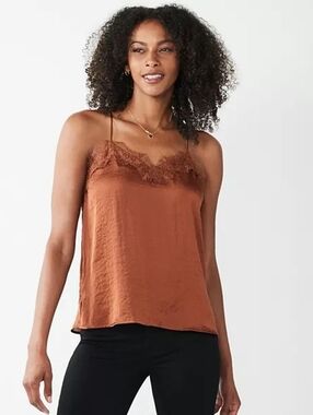 Women's Nine West Terracotta Copper Brown Satin Lace Trim Camisole Top L Boho